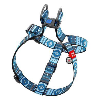 Шлея для собак WAUDOG Nylon з QR паспортом, малюнок "Етно синій", пластиковий фастекс, XL, Ш 35 мм, А=В 70-100 см 324-0131 - онлайн-зоомагазин Хвіст і Дракон