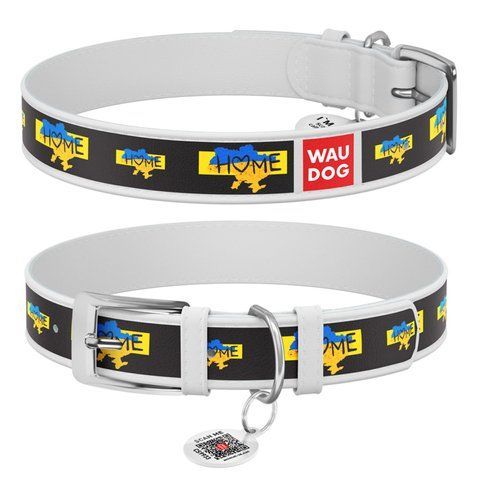 Нашийник для собак шкіряний WAUDOG Design з QR паспортом, малюнок "Дім", XL, Ш 35 мм, Дов 46-59 см, білий 3606-0230-15 - онлайн-зоомагазин Хвіст і Дракон