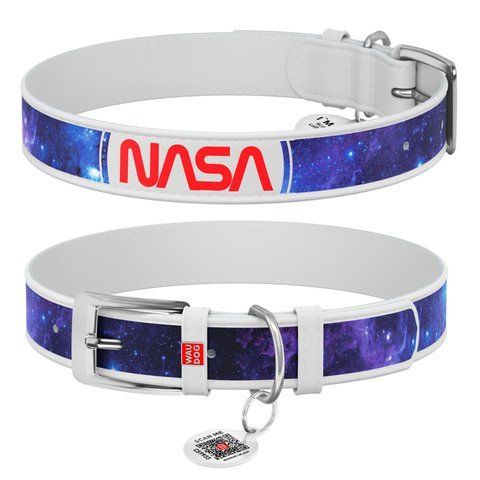 Нашийник для собак шкіряний WAUDOG Design з QR паспортом, малюнок "NASA21", XXS, Ш 12 мм, Д 18-24 см, білий 3601-0148-15 - онлайн-зоомагазин Хвіст і Дракон