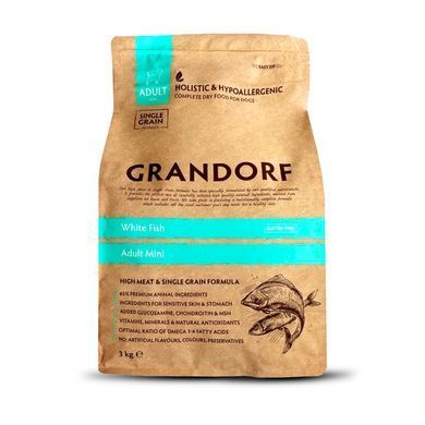 Сухий низькозерновий корм для дорослих собак дрібних порід Grandorf White Fish Mini із білою рибою 3 кг 93303 - онлайн-зоомагазин Хвіст і Дракон