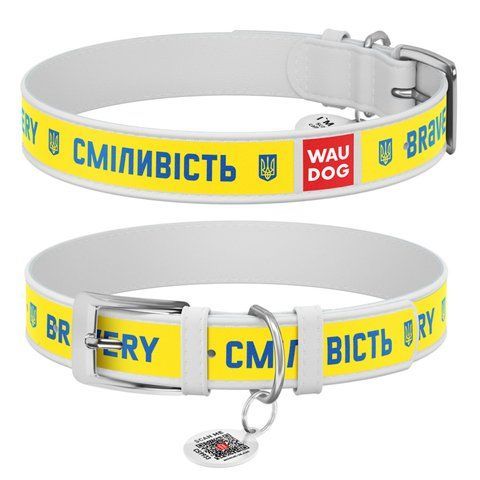 Нашийник для собак шкіряний WAUDOG Design з QR паспортом, малюнок "Сміливість", L, Ш 25 мм, Дов 38-49 см білий 3605-0231-15 - онлайн-зоомагазин Хвіст і Дракон
