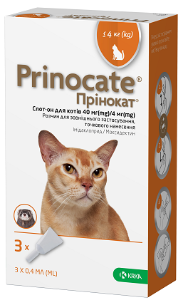 Prinocate Прінокат краплі від бліх та кліщів для котів до 4кг, 40/4мг (3 піпетки/уп) 157409 - онлайн-зоомагазин Хвіст і Дракон