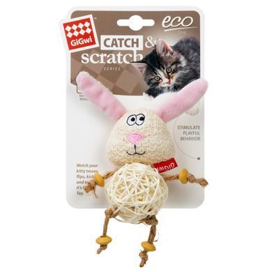 Іграшка для котів Зайчик з плетеним м'ячиком та дзвіночком GiGwi Catch&scratch, поліестер, 10 см 2344 - онлайн-зоомагазин Хвіст і Дракон