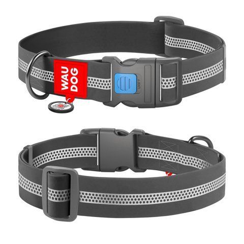 Нашийник для собак водостійкий WAUDOG Waterproof з QR паспортом, світловідбивний, пластиковий фастекс, XXL, Ш 40 мм, Дов 46-70 см, сірий 251011 - онлайн-зоомагазин Хвіст і Дракон