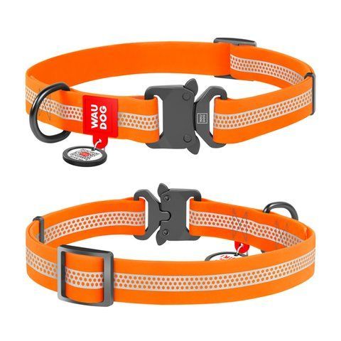 Нашийник для собак водостійкий WAUDOG Waterproof QR-паспортом, світловідбиваючий, металева пряжка-фастекс, M, Ш 20 мм, Д 28-40 см, помаранчевий 26114 - онлайн-зоомагазин Хвіст і Дракон