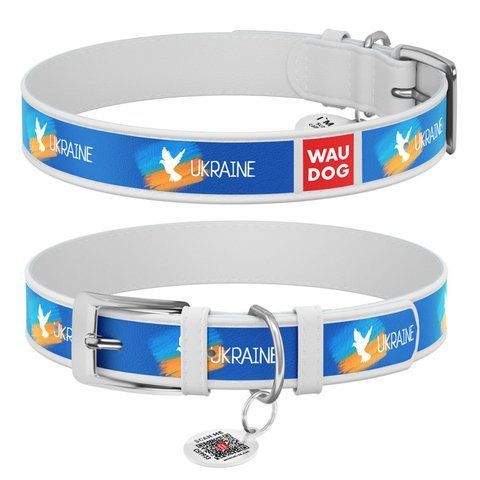 Нашийник для собак шкіряний WAUDOG Design з QR паспортом, малюнок "Прапор", XL, Ш 35 мм, Дов 46-59 см, білий 3606-0229-15 - онлайн-зоомагазин Хвіст і Дракон