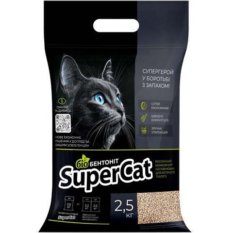 Рослинний наповнювач SuperCat Біобентоніт комкуючий для котячих туалетів 2,5 кг 3533 - онлайн-зоомагазин Хвіст і Дракон