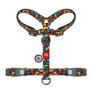 Шлея для собак анатомічна H-подібна WAUDOG Nylon з QR-паспортом, малюнок "Блоки", пластиковий фастекс, M, Ш 20 мм, A 38-60 см, B 46-60 см 344-4056 - онлайн-зоомагазин Хвіст і Дракон