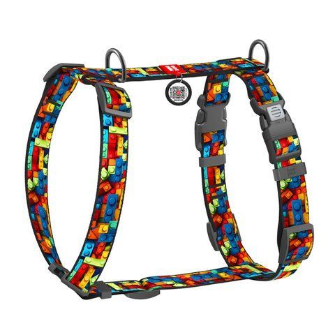 Шлея для собак анатомічна H-подібна WAUDOG Nylon з QR-паспортом, малюнок "Блоки", пластиковий фастекс, M, Ш 20 мм, A 38-60 см, B 46-60 см 344-4056 - онлайн-зоомагазин Хвіст і Дракон