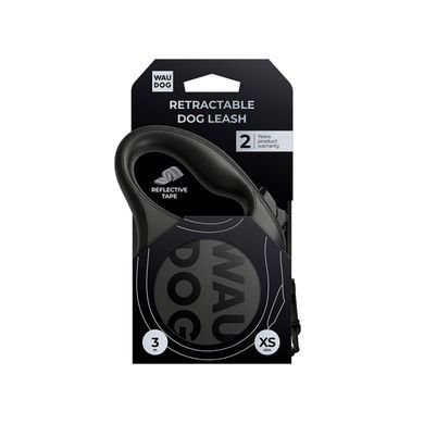Повідець-рулетка для собак WAUDOG R-leash Monochrome Black, XS, до 12 кг, 3 м, світловідбивна стрічка, чорна 81611 - онлайн-зоомагазин Хвіст і Дракон