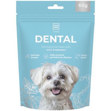 Ласощі для собак WAUDOG Treats Dental Паличка для чистки зубів з м&rsquo;ятою та водоростями, 60 г 4459 - онлайн-зоомагазин Хвіст і Дракон