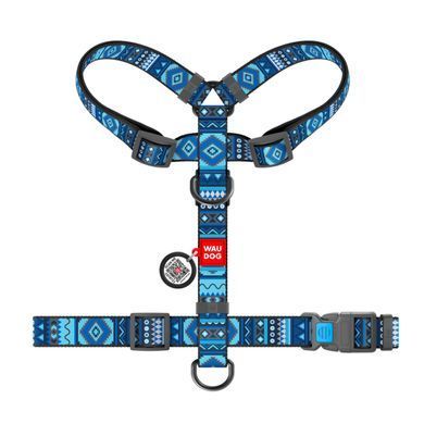 Шлея для собак анатомічна H-подібна WAUDOG Nylon з QR-паспортом, малюнок "Етно синій", пластиковий фастекс, L, Ш 25 мм, А 50-90, В 60-100 5586 - онлайн-зоомагазин Хвіст і Дракон
