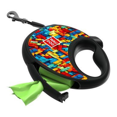 Повідець-рулетка для собак WAUDOG R-leash з контейнером для пакетів, малюнок "Блоки", світловідбивна стрічка, S, до 12 кг, 3 м 255-4056 - онлайн-зоомагазин Хвіст і Дракон
