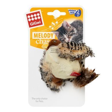 Іграшка для котів Пташка зі звуковим чипом GiGwi Melody chaser, штучне хутро, перо, 13 см 75042 - онлайн-зоомагазин Хвіст і Дракон