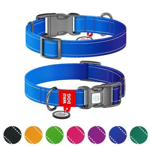 Нашийник для собак нейлоновий WAUDOG Nylon Mono з QR паспортом, світловідбивний, пластиковий фастекс, S, Ш 15 мм, Дов 25-35 см синій 520912 - онлайн-зоомагазин Хвіст і Дракон
